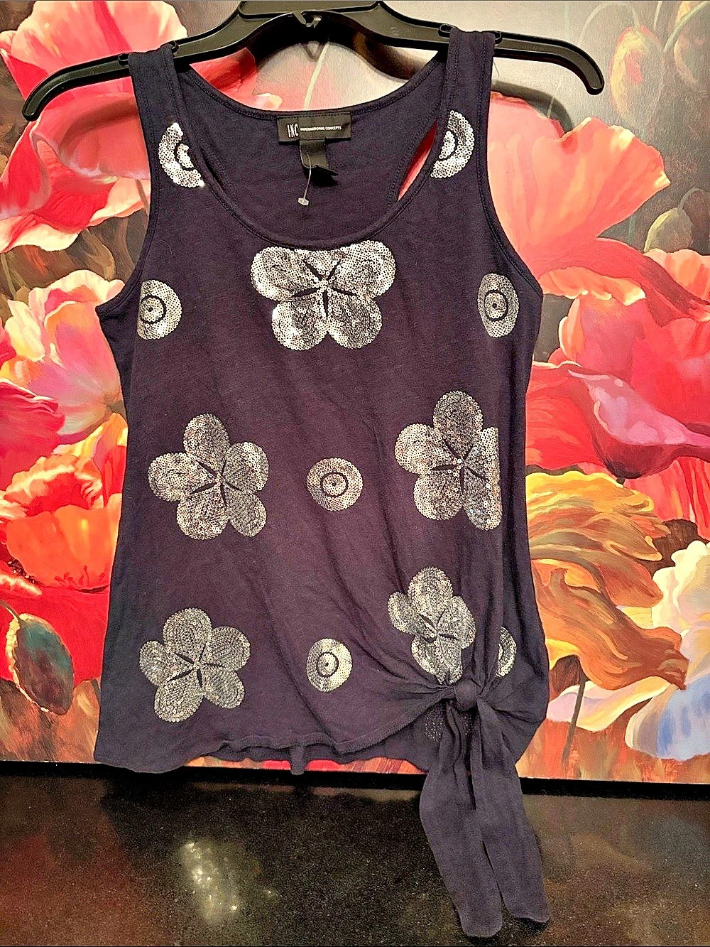 NWOT 60% cotton INC International Concepts Sequin Floral Tank Top in Black Size